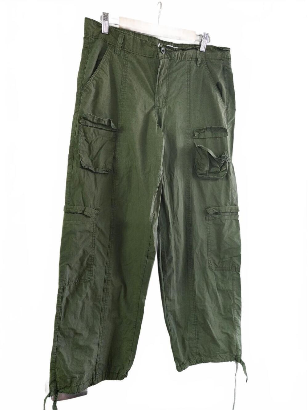 Green Cargo Pants with Multiple Pockets and Drawstring Ankles
